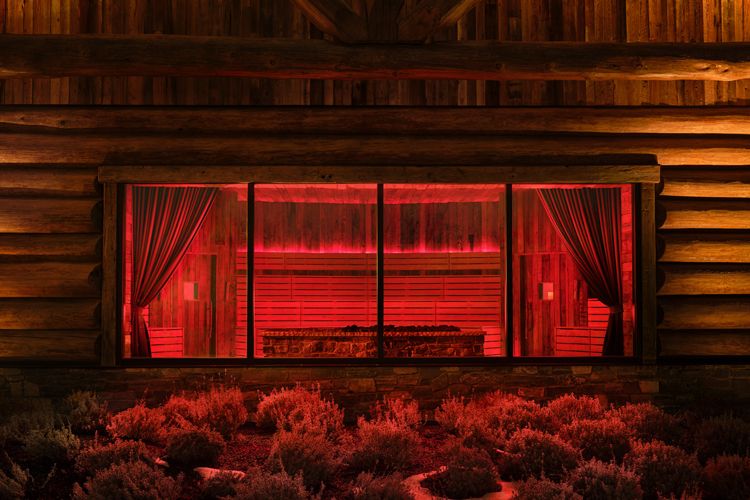 sauna illuminated by a red glow