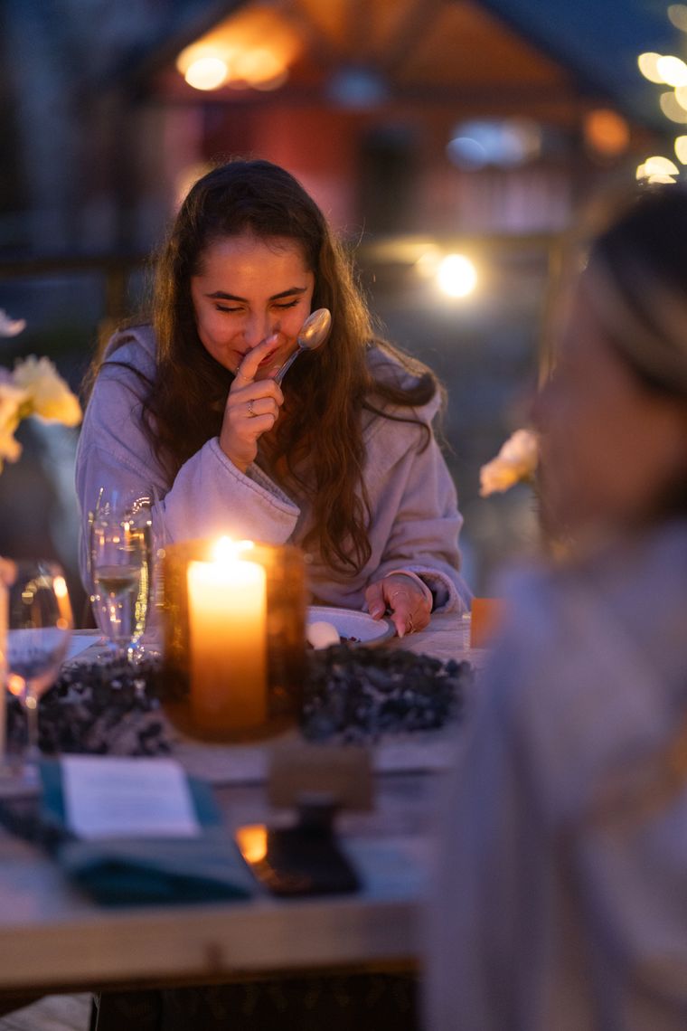 Camille Labonté enjoying dessert