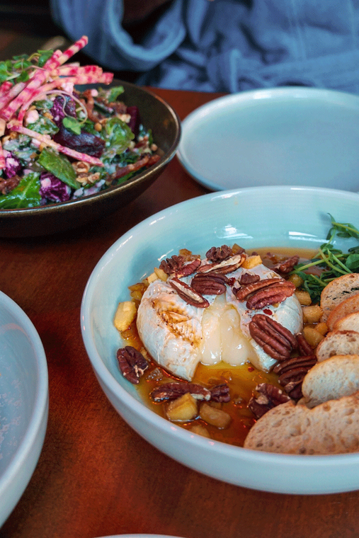 baked brie & beet and goat cheese salad