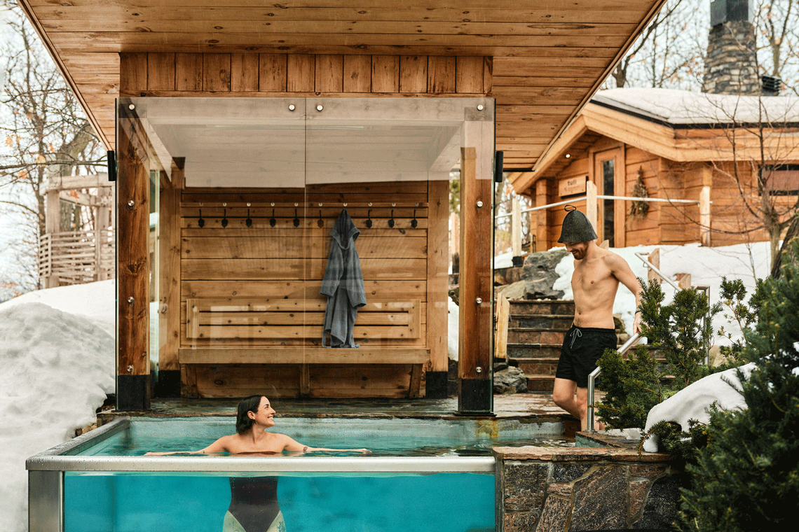 guests entering a cold plunge during winter