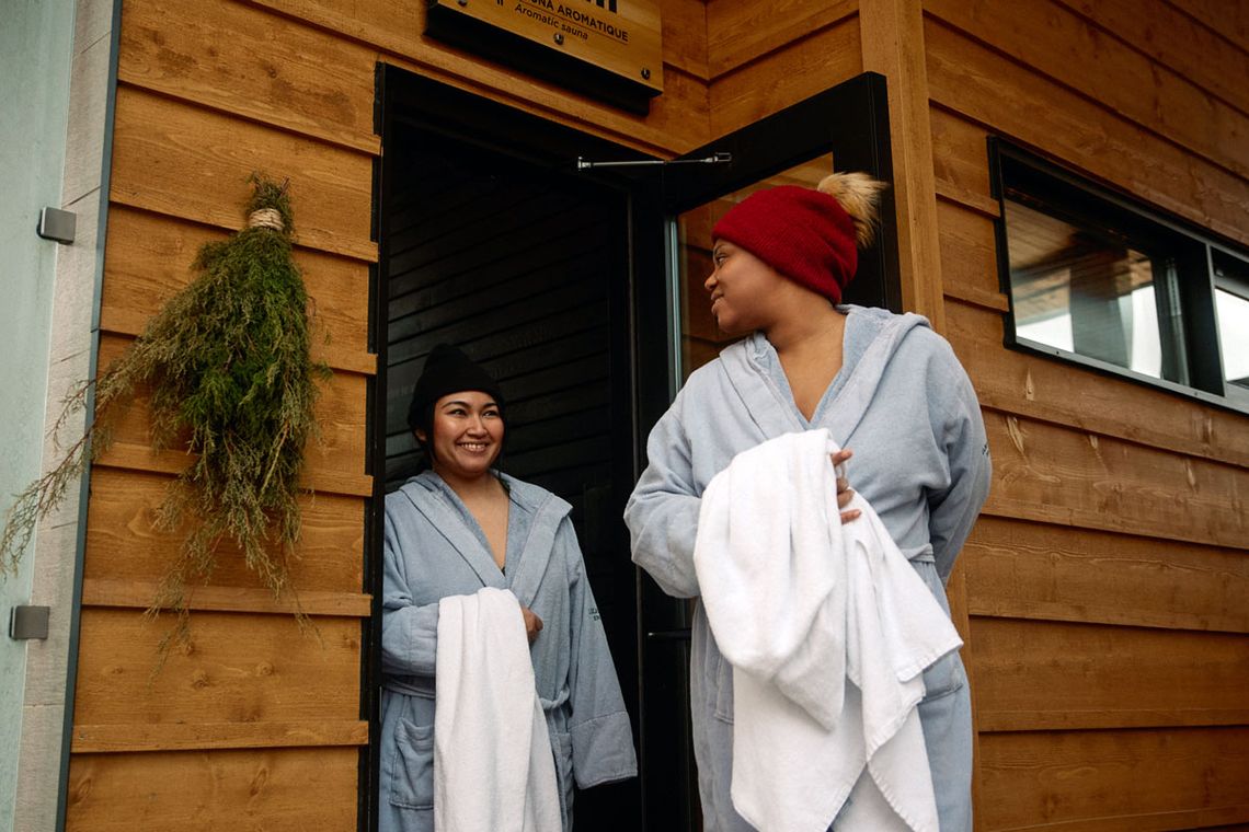 guests exiting a dry sauna