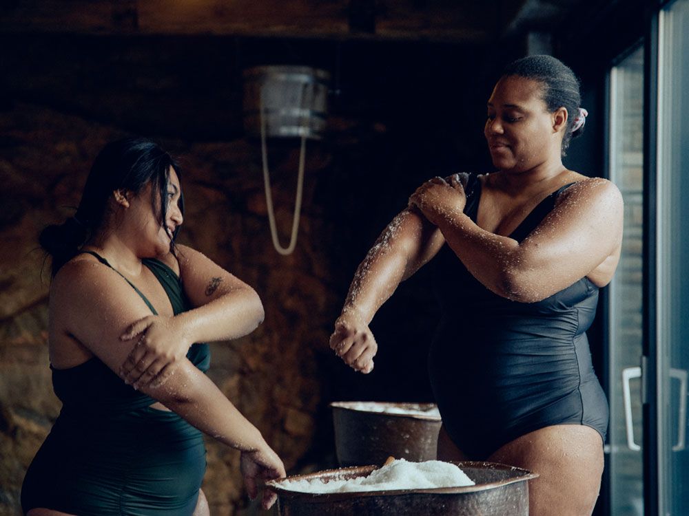 guests rubbing salt on their skin