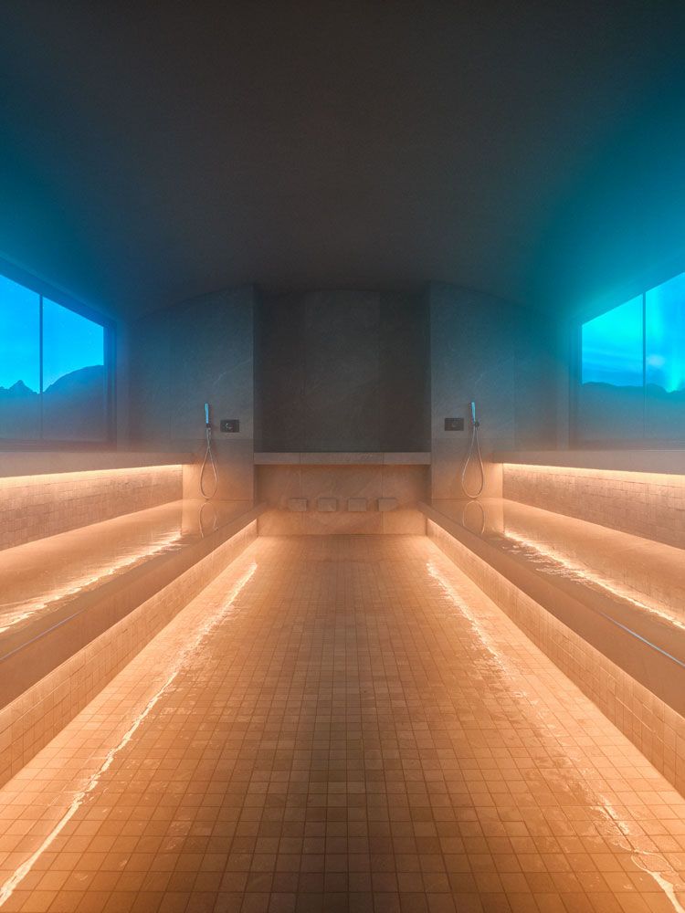 Inside a steam sauna
